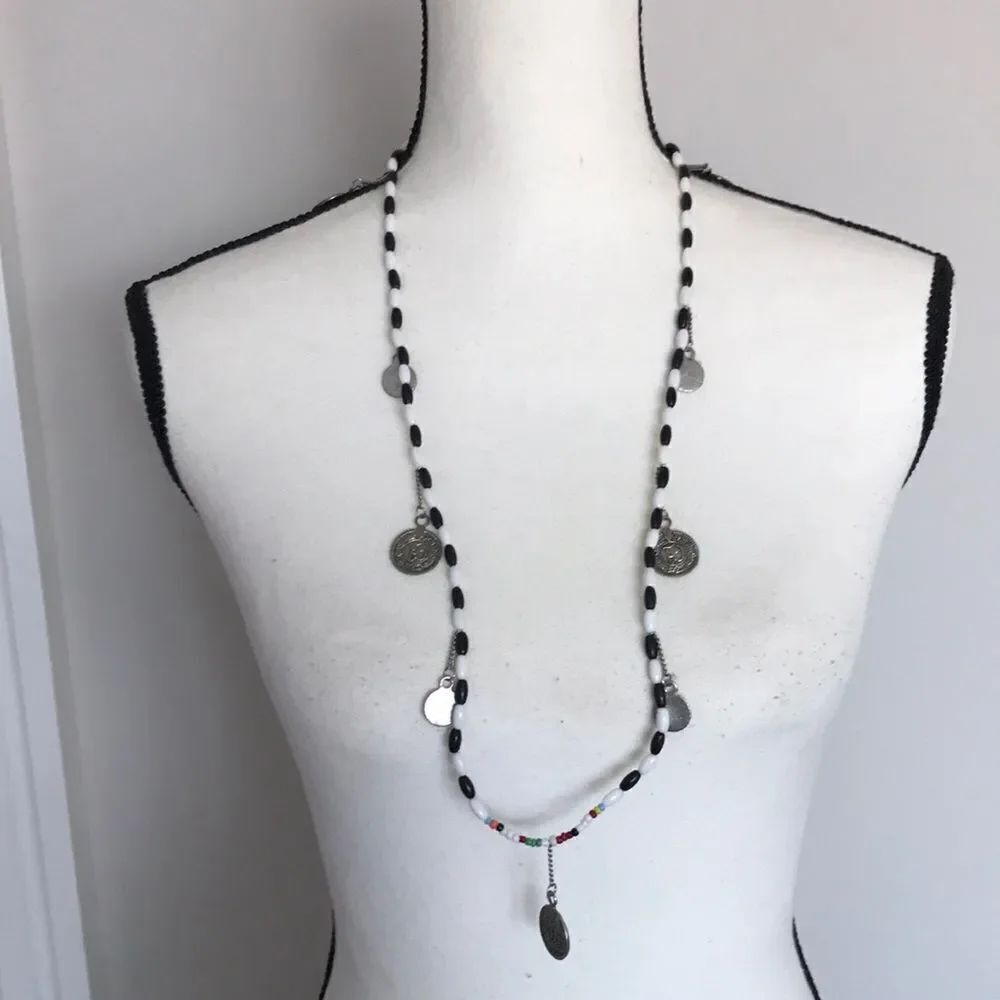 Free People Black White Beaded Silver Coins Necklace .